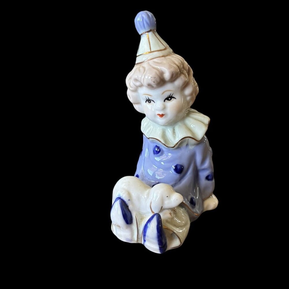 Vintage Curly Haired  Pastel Clown Figurine with Dog